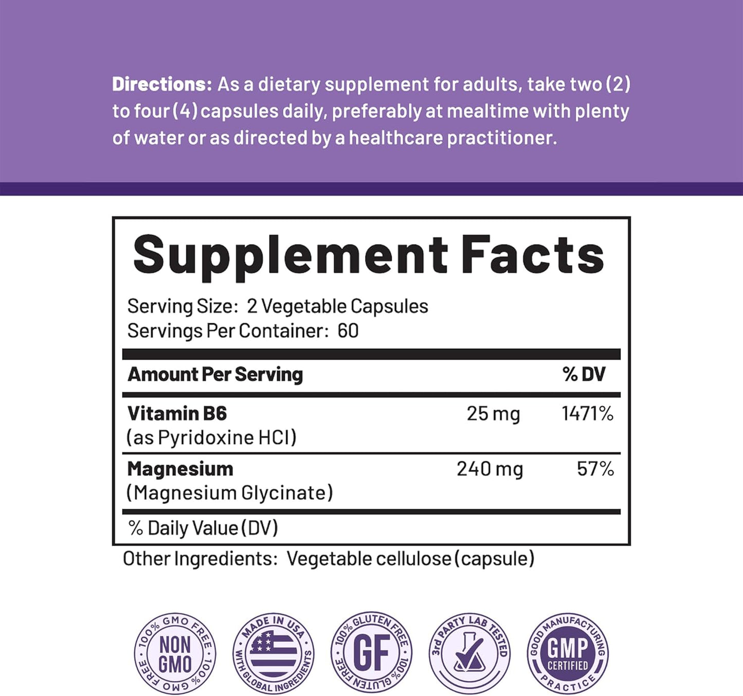 High Absorption Magnesium Glycinate & Vitamin B6 Supplement for Energy, Calm, Relaxation, and Muscle Health - Non-GMO, Gluten-Free, 3rd Party Tested by CGMLabs