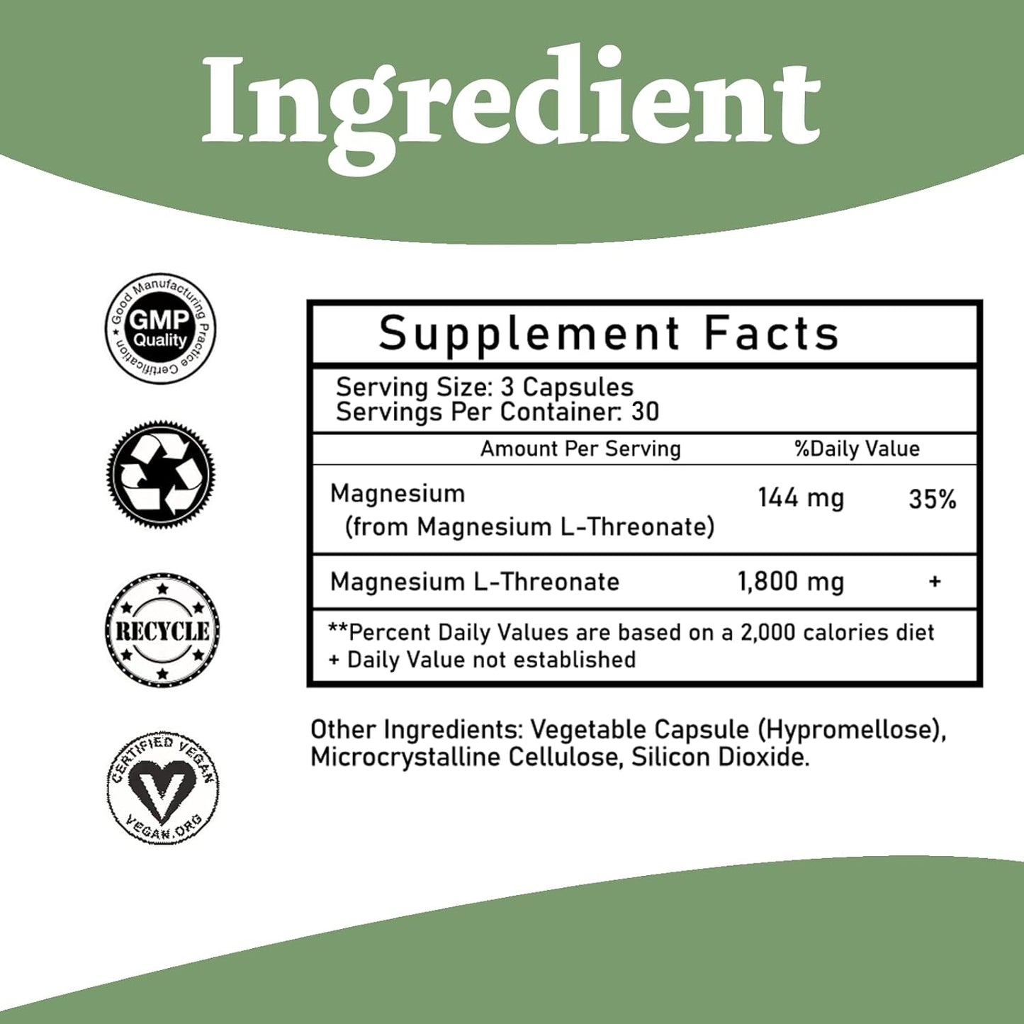 High Absorption Magnesium L-Threonate Capsules for Rest and Cognitive Support - 1,800 mg - 90 Count