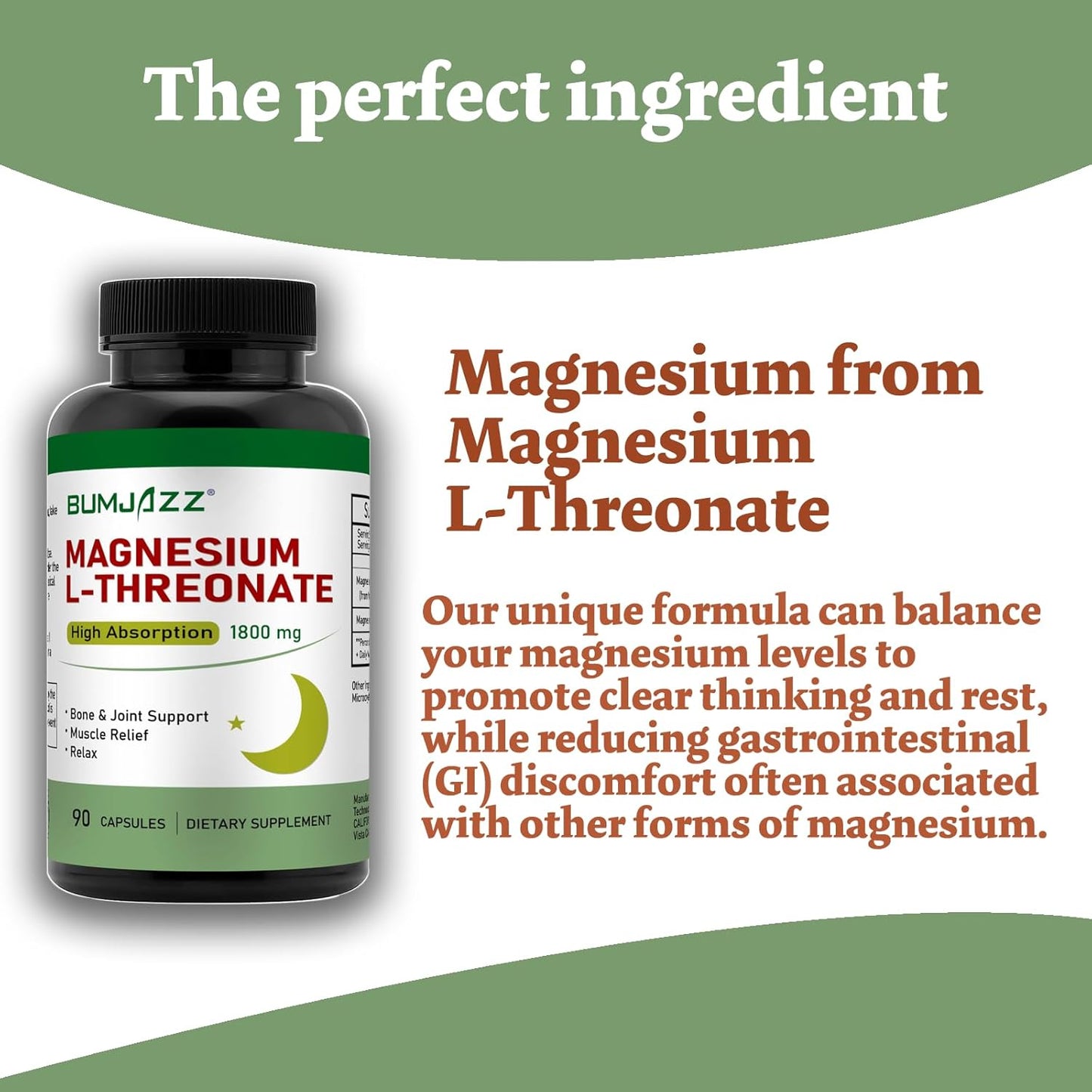 High Absorption Magnesium L-Threonate Capsules for Rest and Cognitive Support - 1,800 mg - 90 Count