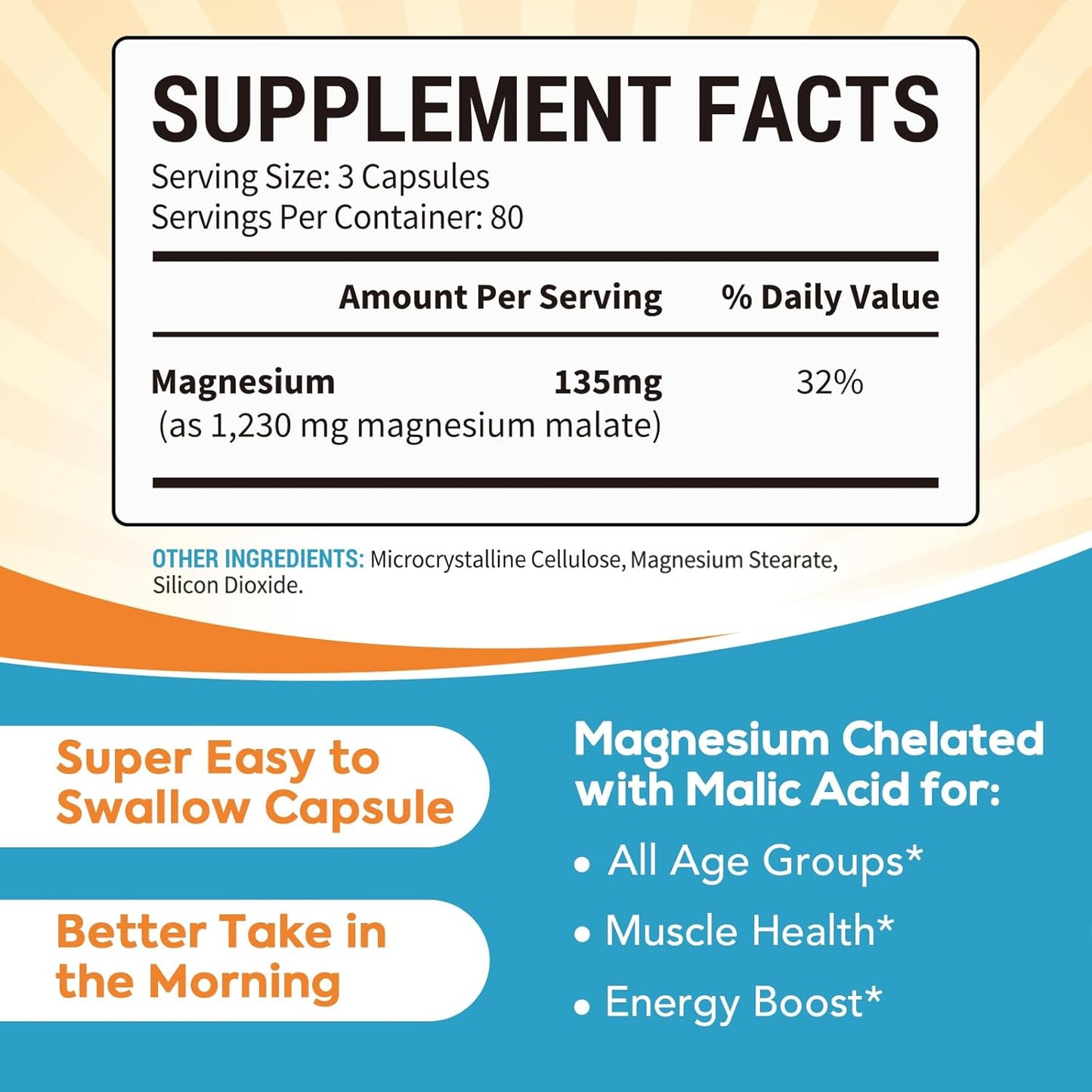 High Absorption Magnesium Malate Capsules 410mg - Chelated Supplement for Energy, Muscle Support, and Leg Cramps Relief - 240 Vegan Caps - Children, Teens, Adults - Surebounty