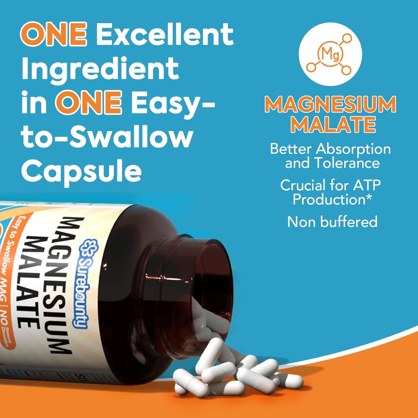 High Absorption Magnesium Malate Capsules 410mg - Chelated Supplement for Energy, Muscle Support, and Leg Cramps Relief - 240 Vegan Caps - Children, Teens, Adults - Surebounty