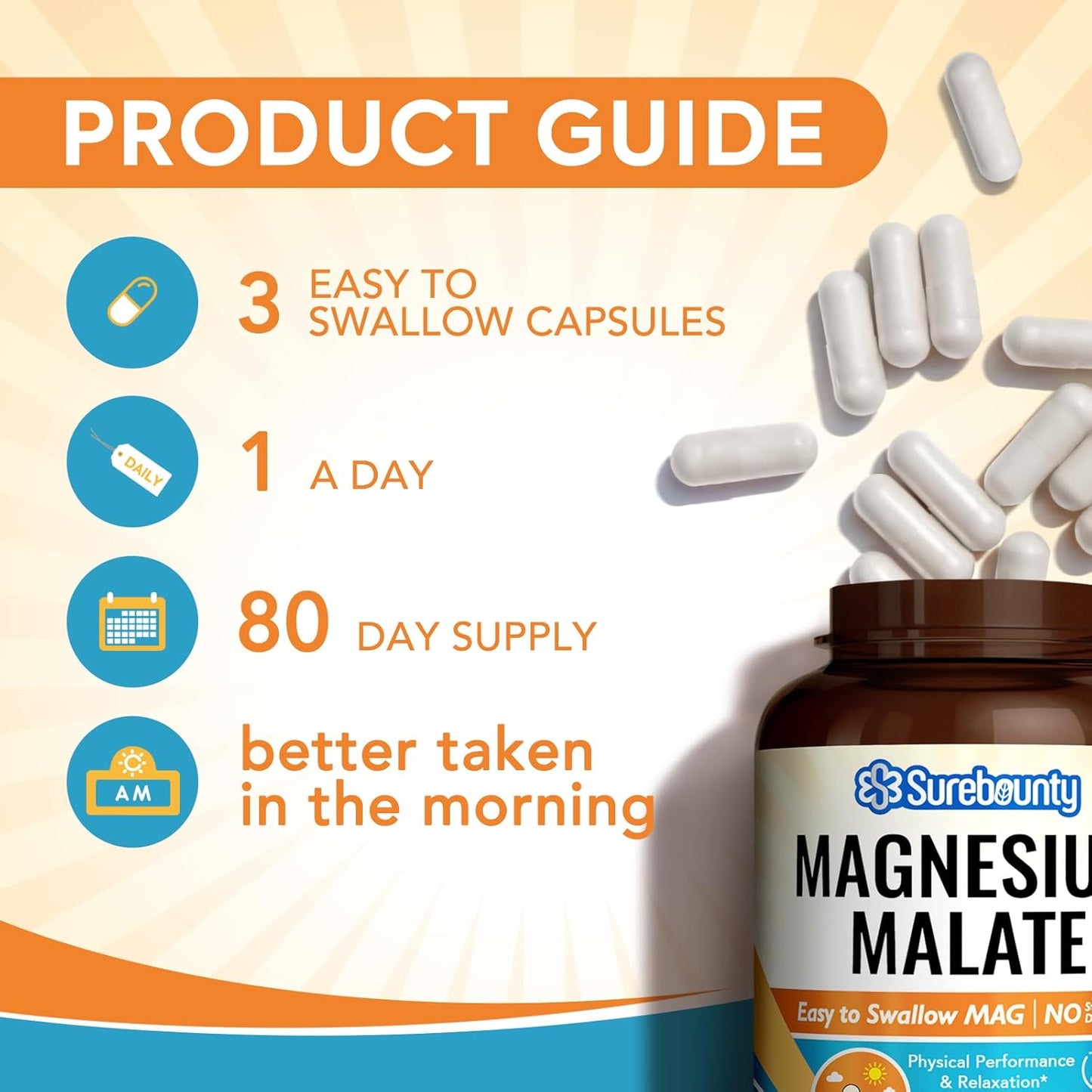 High Absorption Magnesium Malate Capsules 410mg - Chelated Supplement for Energy, Muscle Support, and Leg Cramps Relief - 240 Vegan Caps - Children, Teens, Adults - Surebounty