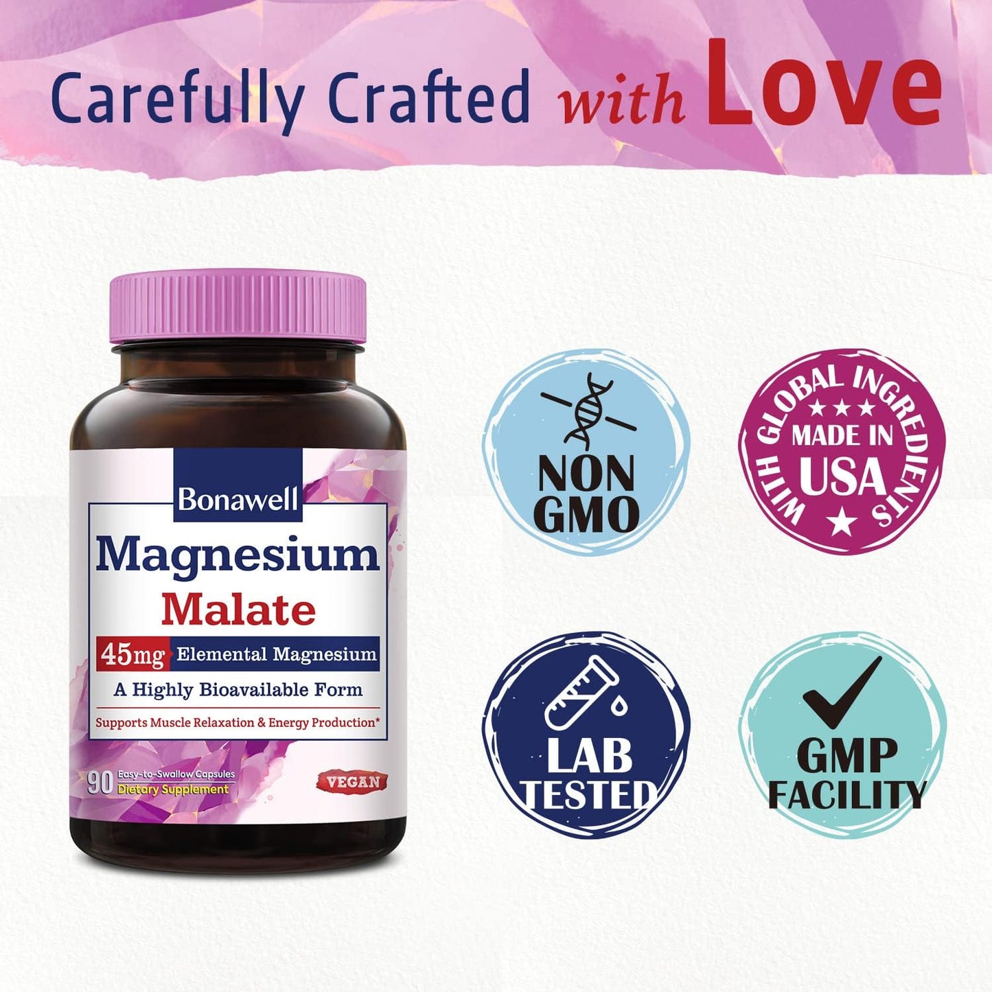 High Absorption Magnesium Malate Capsules for Muscle Relaxation & Energy Production - 45mg Elemental Magnesium - Easy-to-Swallow, Gluten-Free, Vegan - 90 Count