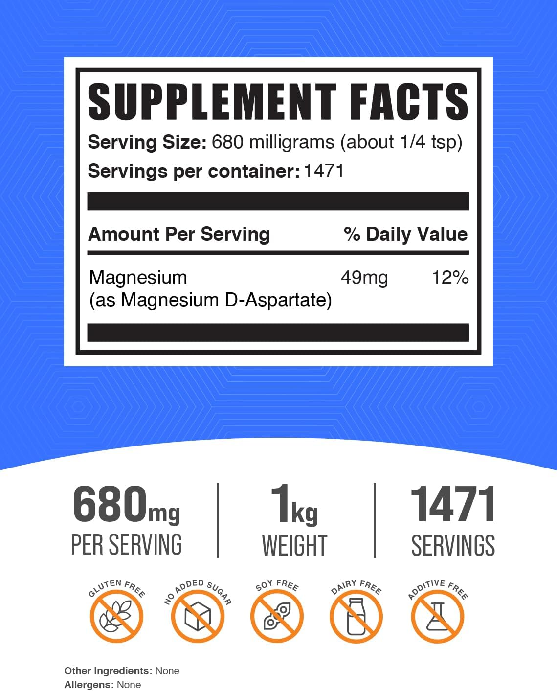High Absorption Magnesium Supplement Powder - Gluten Free, 680mg (49mg Magnesium) - 1kg (2.2 lbs) - BulkSupplements.com