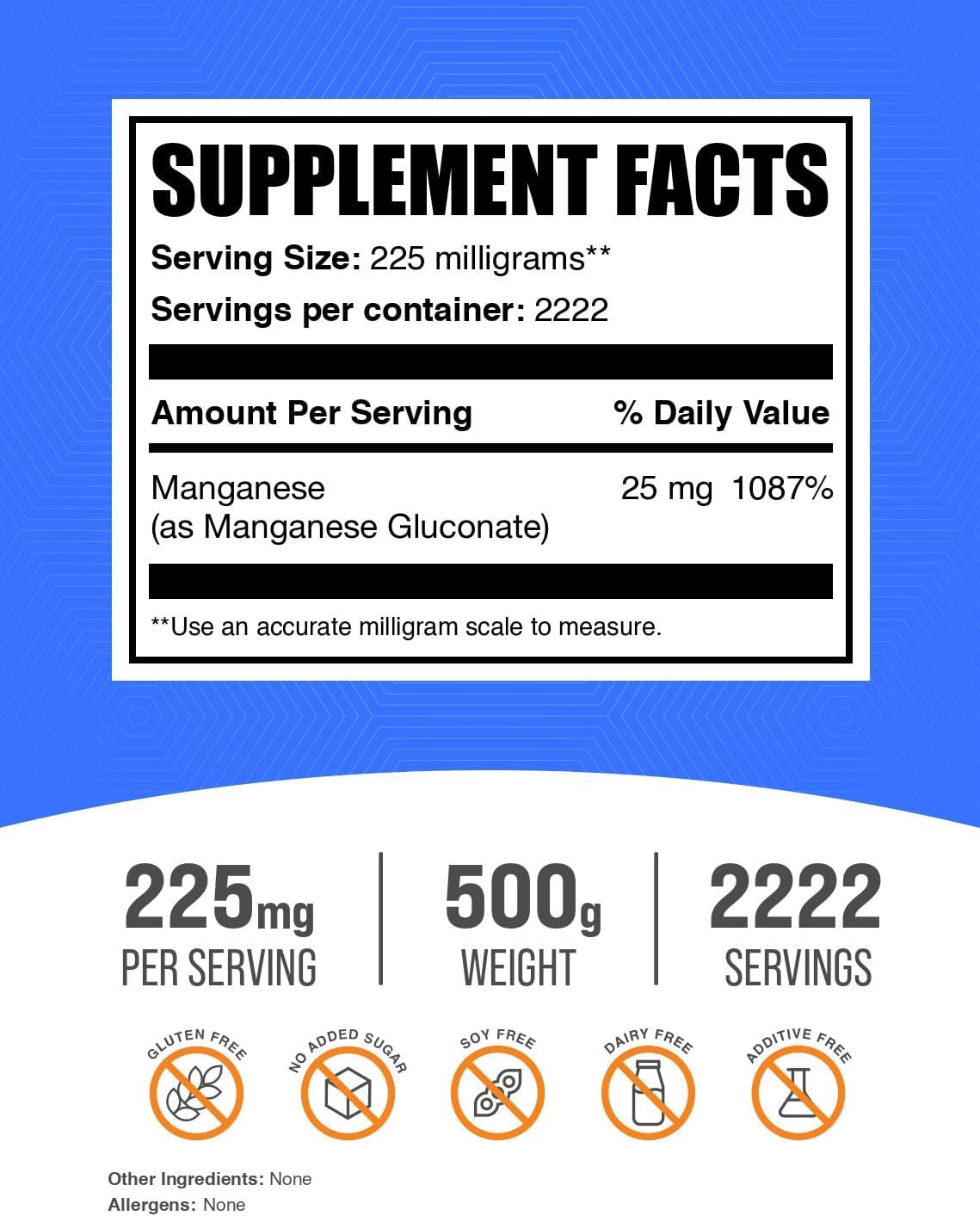 High Absorption Manganese Gluconate Powder - Essential Trace Mineral Supplement, Gluten-Free, 225mg per Serving, 500g (1.1 lbs) Pack