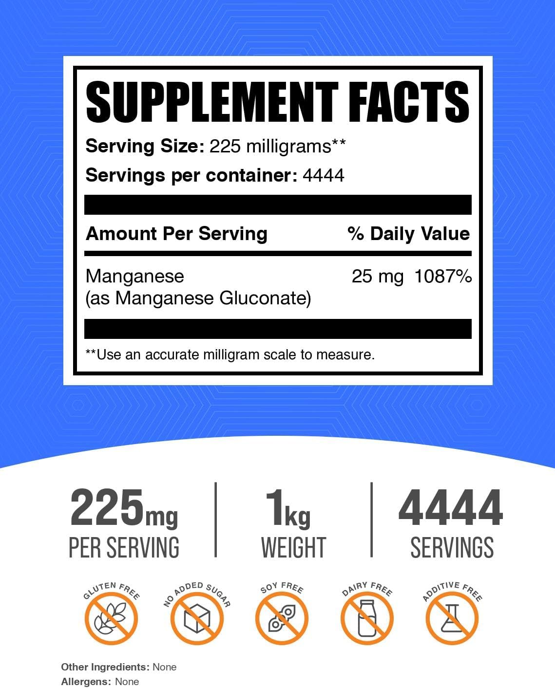 High Absorption Manganese Gluconate Powder - Essential Trace Mineral Supplement, 225mg per Serving, Gluten Free - 1kg Pack