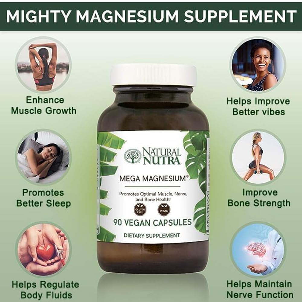 High Absorption Mega Magnesium 400mg Supplement for Muscle Growth, Bone Strength, Heart Health - 180 Capsules - Natural Nutra