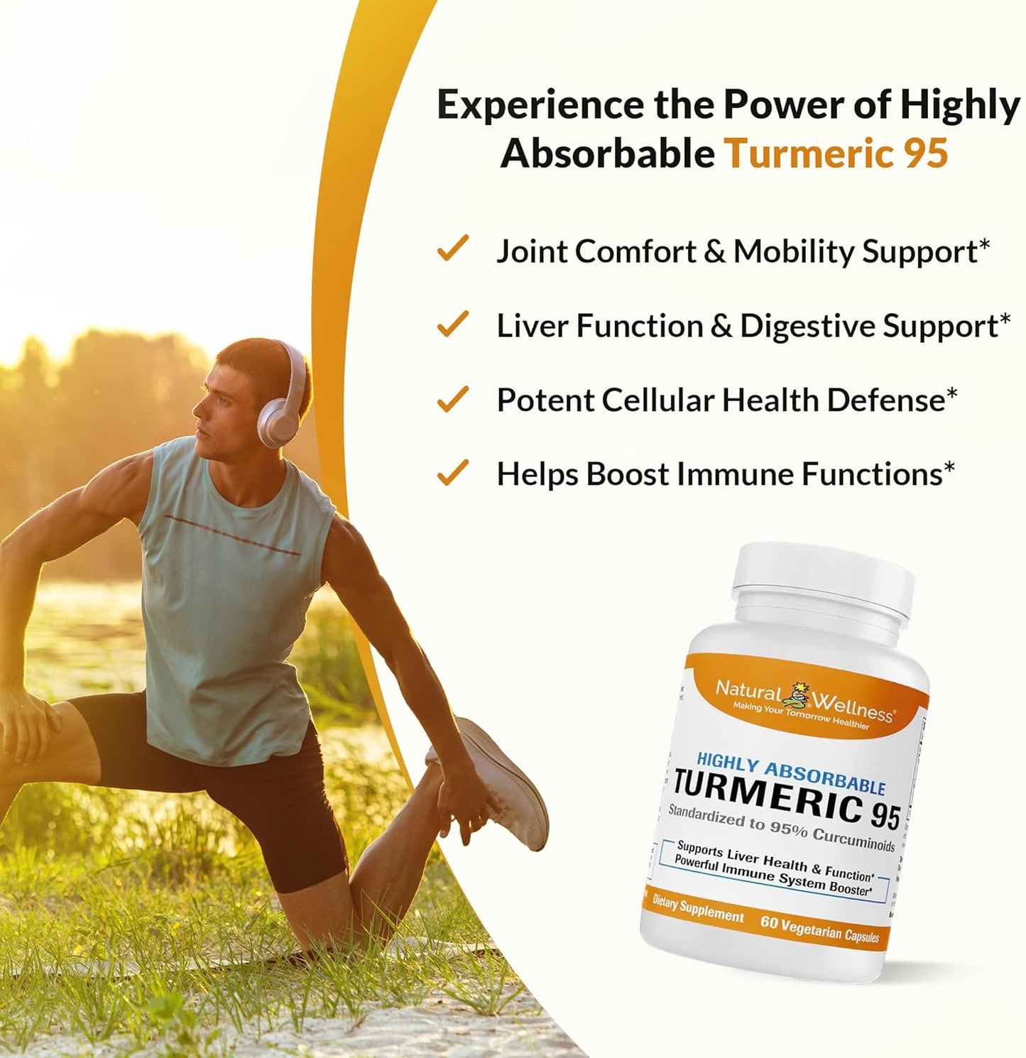 High Absorption Natural Wellness Turmeric 95 with BioPerine® for Joint Health, Immune Support, and Liver Detox - 60 Vegan Capsules