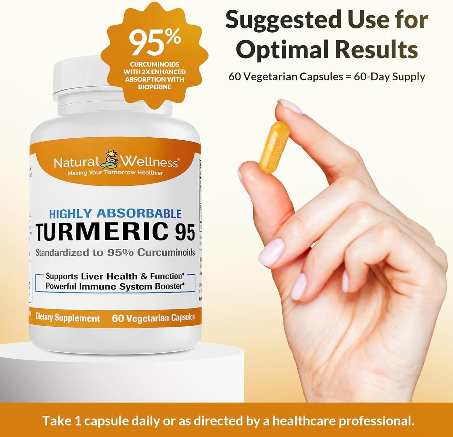 High Absorption Natural Wellness Turmeric 95 with BioPerine® for Joint Health, Immune Support, and Liver Detox - 60 Vegan Capsules