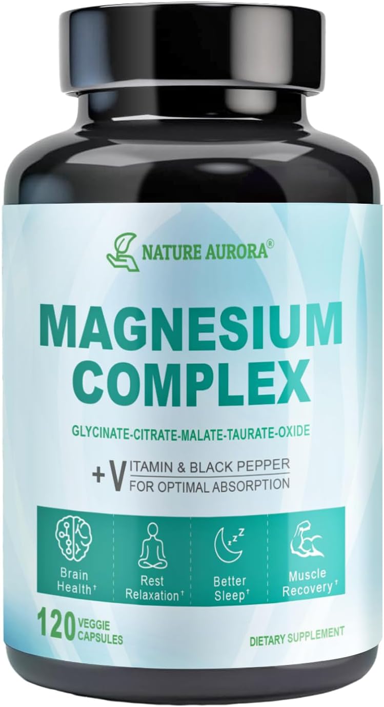 High Absorption Nature Aurora Magnesium Complex Supplement - 400mg Chelated Magnesium Glycinate, Citrate, Taurate, Malate, Oxide Capsules for Sleep, Leg Cramps, Muscle Relief - 120 Veggie Capsules