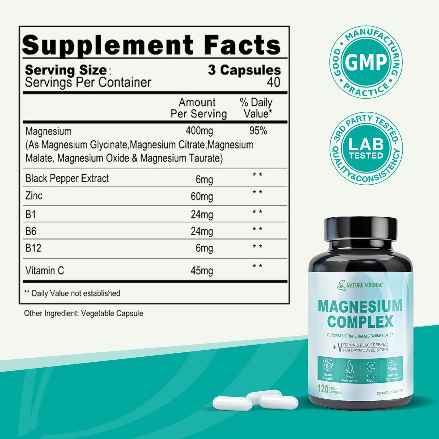 High Absorption Nature Aurora Magnesium Complex Supplement - 400mg Chelated Magnesium Glycinate, Citrate, Taurate, Malate, Oxide Capsules for Sleep, Leg Cramps, Muscle Relief - 120 Veggie Capsules