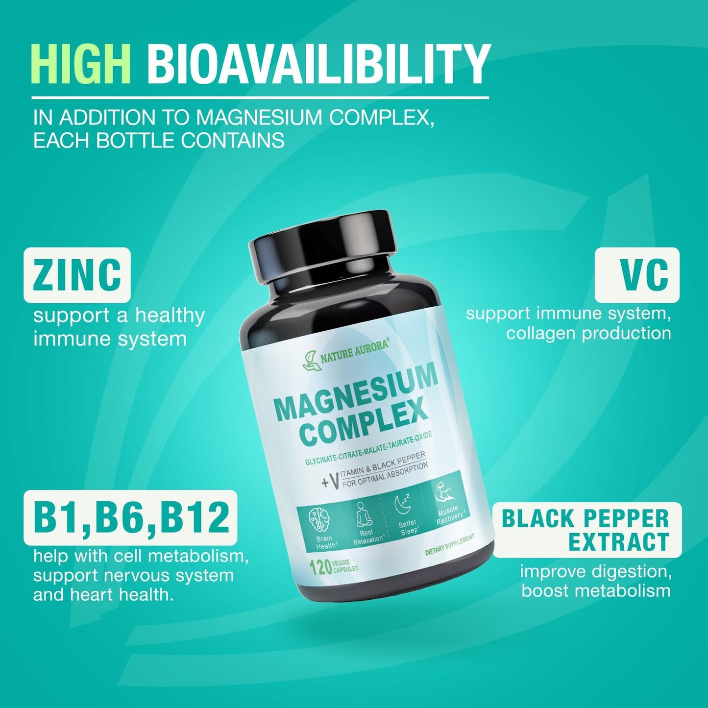 High Absorption Nature Aurora Magnesium Complex Supplement - 400mg Chelated Magnesium Glycinate, Citrate, Taurate, Malate, Oxide Capsules for Sleep, Leg Cramps, Muscle Relief - 120 Veggie Capsules