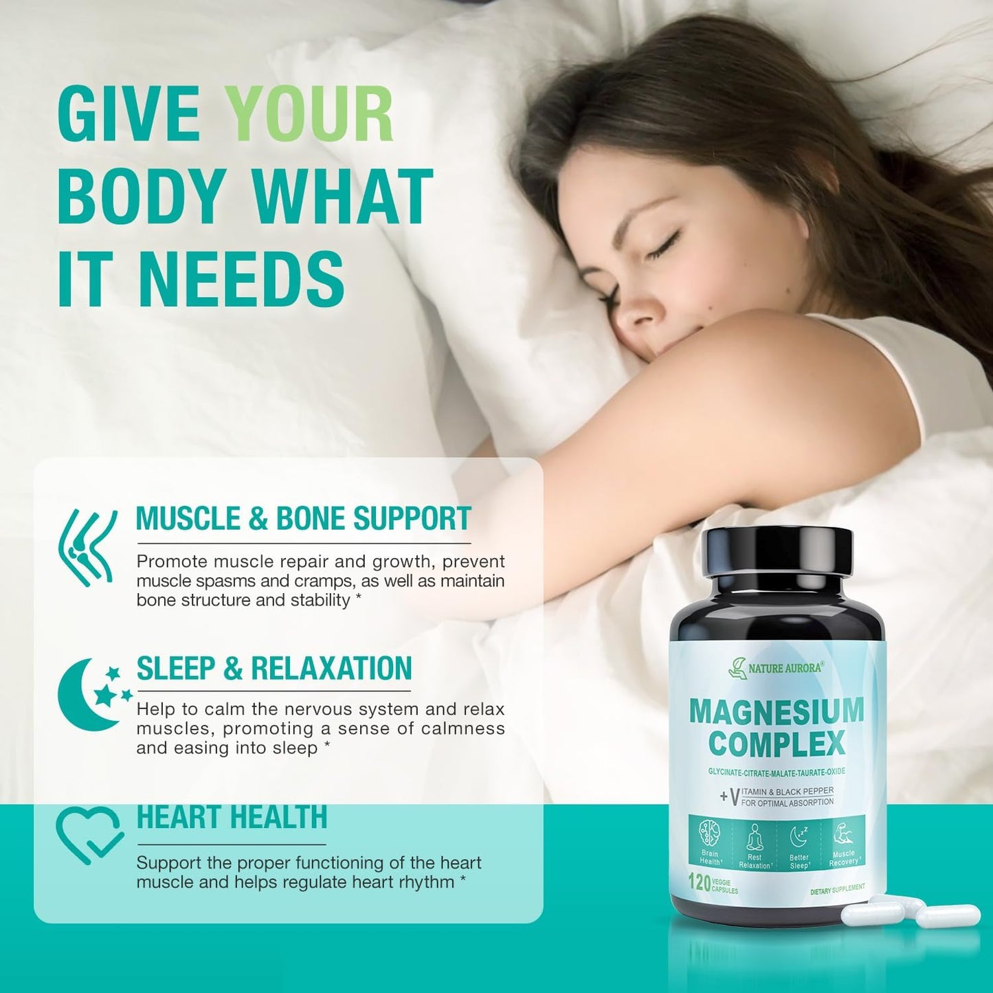 High Absorption Nature Aurora Magnesium Complex Supplement - 400mg Chelated Magnesium Glycinate, Citrate, Taurate, Malate, Oxide Capsules for Sleep, Leg Cramps, Muscle Relief - 120 Veggie Capsules