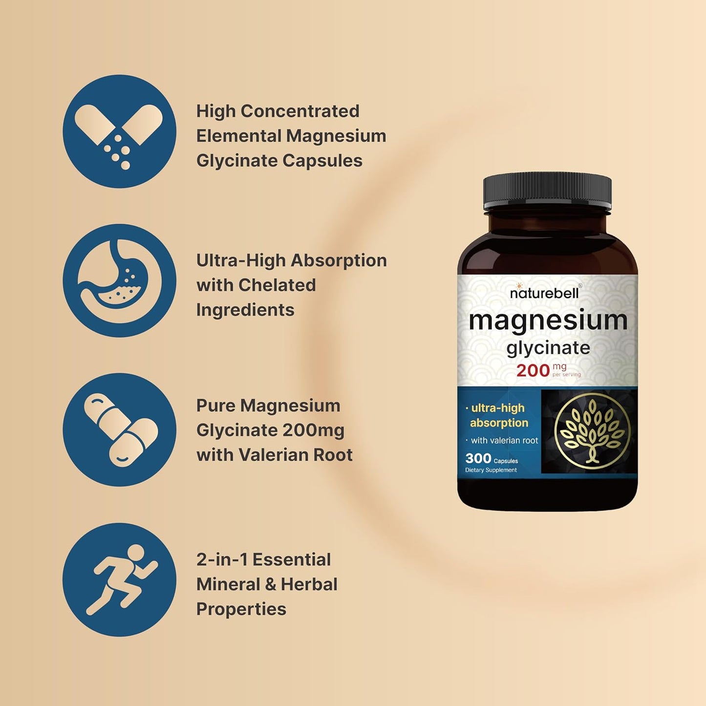 High Absorption NatureBell Pure Magnesium Glycinate with Valerian Root - 200mg, 300 Capsules - Chelated Mineral Supplement for Sleep - Non-GMO, Gluten Free