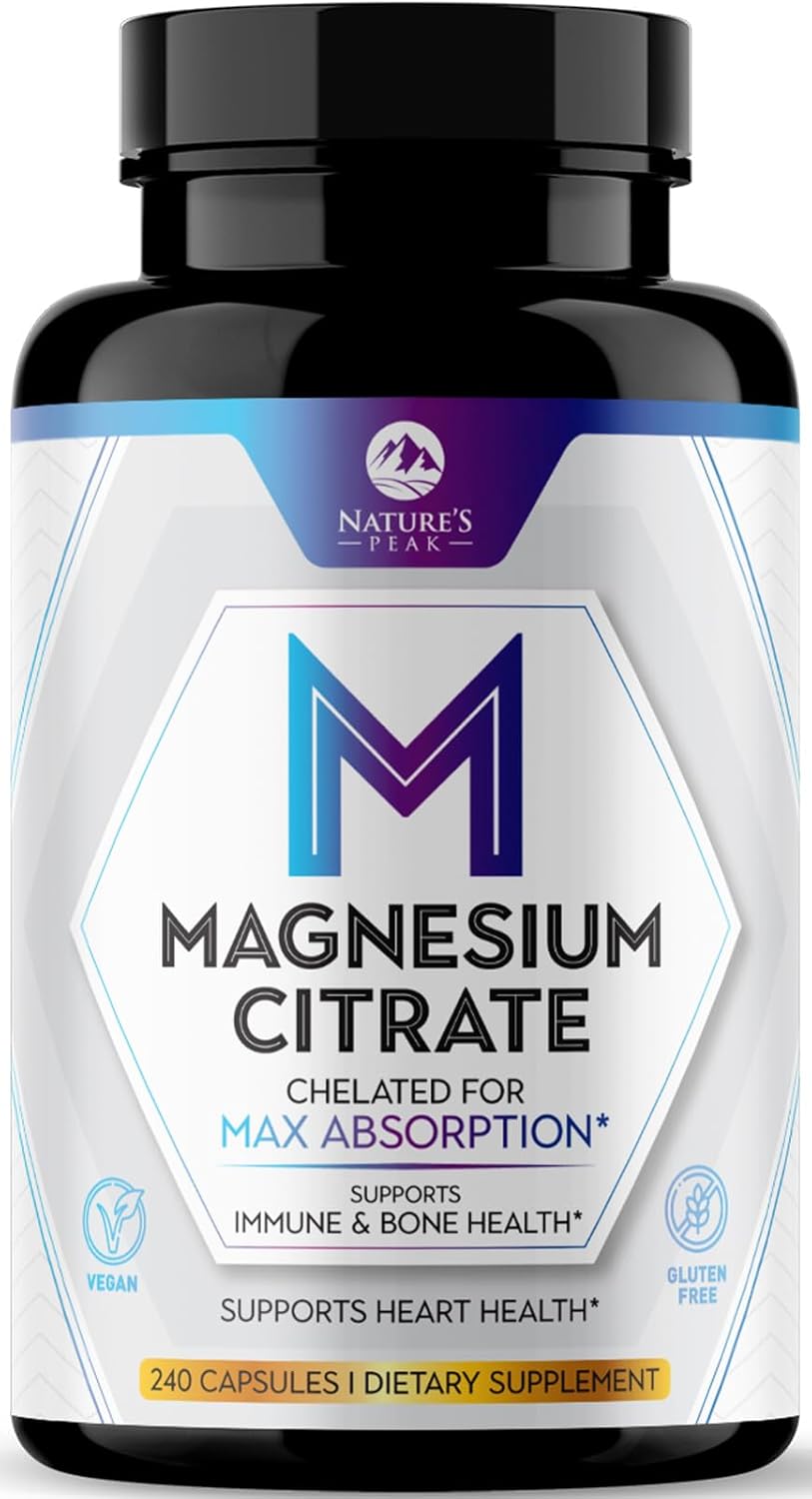 High Absorption Nature's Peak Magnesium Citrate 1000mg Supplement - Muscle, Bone, Nerve & Heart Support - 240 Capsules