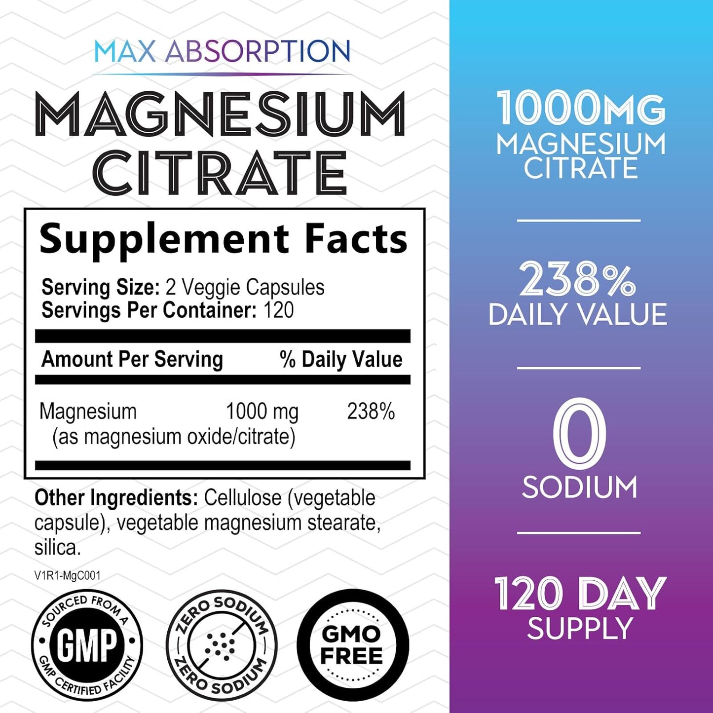 High Absorption Nature's Peak Magnesium Citrate 1000mg Supplement - Muscle, Bone, Nerve & Heart Support - 240 Capsules