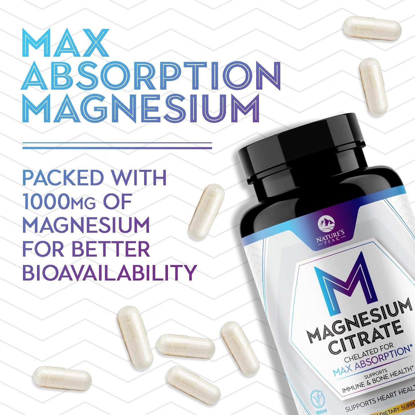 High Absorption Nature's Peak Magnesium Citrate 1000mg Supplement - Muscle, Bone, Nerve & Heart Support - 240 Capsules