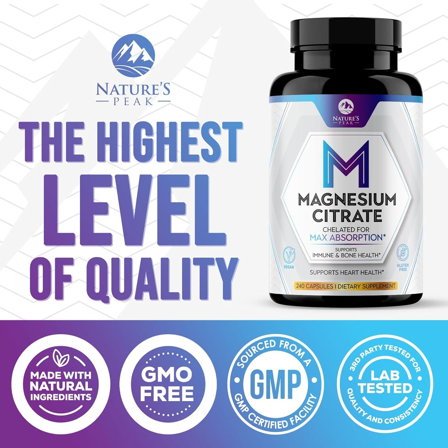 High Absorption Nature's Peak Magnesium Citrate 1000mg Supplement - Muscle, Bone, Nerve & Heart Support - 240 Capsules