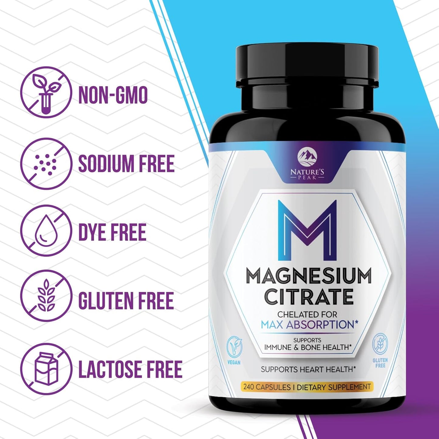 High Absorption Nature's Peak Magnesium Citrate 1000mg Supplement - Muscle, Bone, Nerve & Heart Support - 240 Capsules