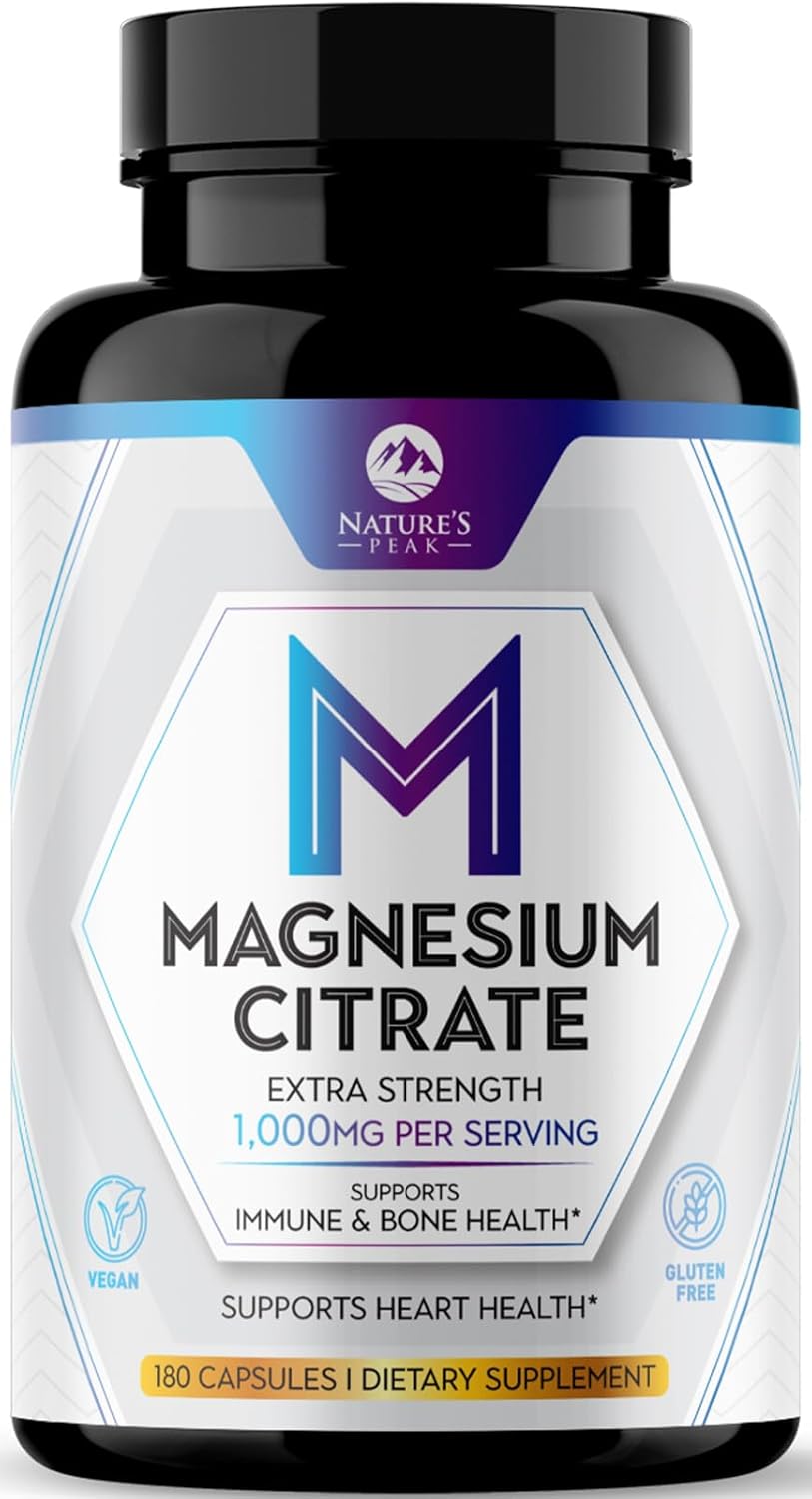 High Absorption Nature's Peak Magnesium Citrate Supplement 1000mg - Supports Muscle, Bone, Nerve & Heart Health - Non-GMO Formula - 180 Capsules