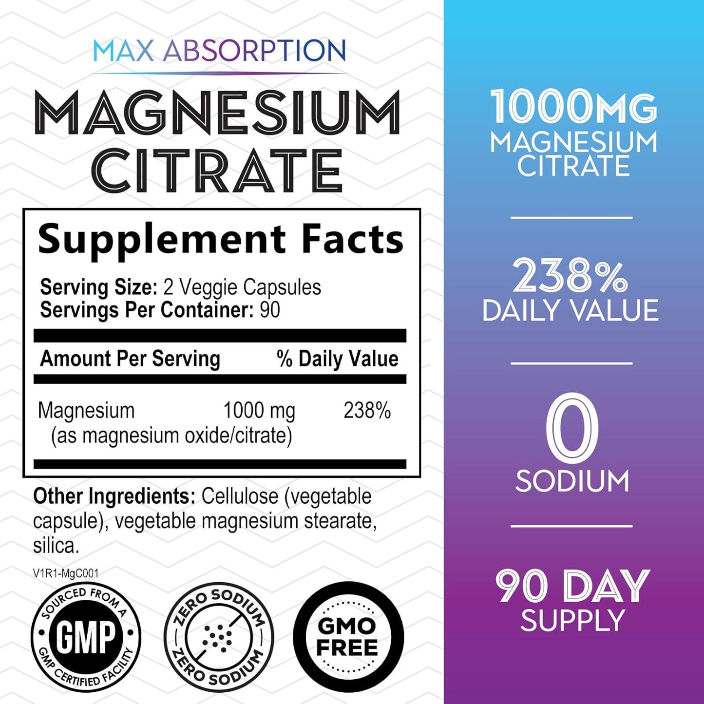 High Absorption Nature's Peak Magnesium Citrate Supplement 1000mg - Supports Muscle, Bone, Nerve & Heart Health - Non-GMO Formula - 180 Capsules