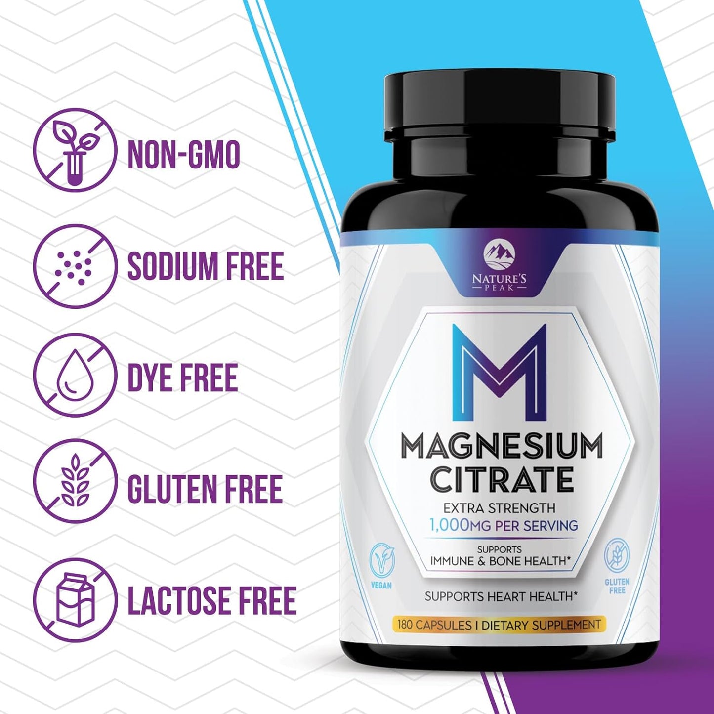 High Absorption Nature's Peak Magnesium Citrate Supplement 1000mg - Supports Muscle, Bone, Nerve & Heart Health - Non-GMO Formula - 180 Capsules