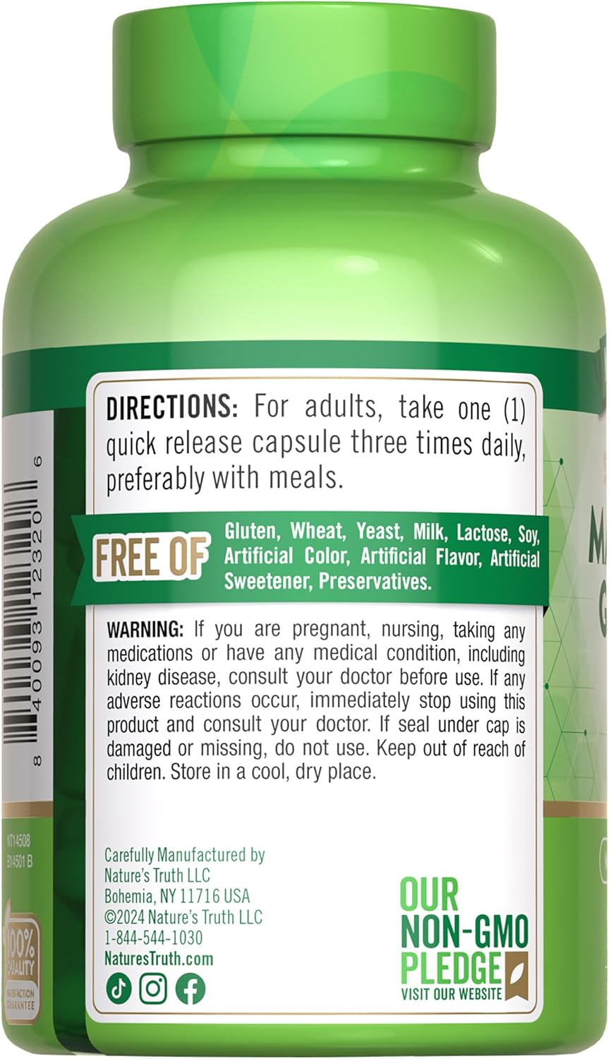 High Absorption Nature's Truth Magnesium Glycinate Supplement - 750mg Quick Release Capsules, Non-GMO & Gluten Free