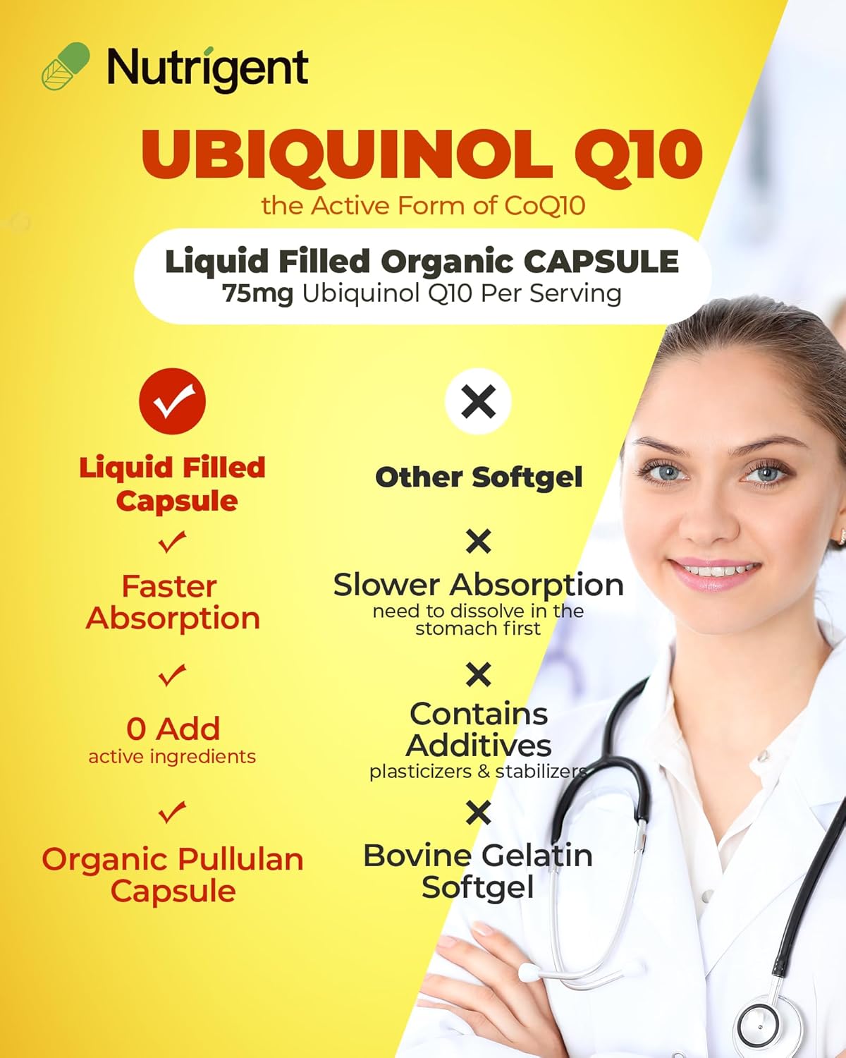 High Absorption Nutrigent Ubiquinol CoQ10 75 mg Liquid Capsules - Organic Heart Health & Energy Production Antioxidant Supplement - 30 Count