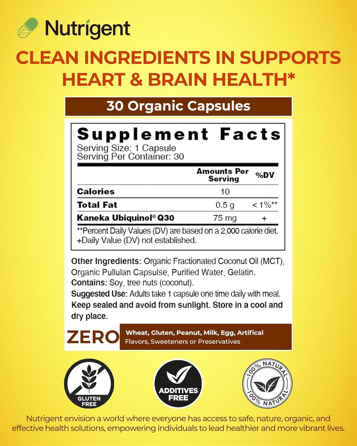 High Absorption Nutrigent Ubiquinol CoQ10 75 mg Liquid Capsules - Organic Heart Health & Energy Production Antioxidant Supplement - 30 Count