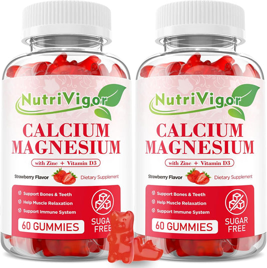 High Absorption NutriVigor Calcium Magnesium Zinc Gummies - 300mg Magnesium, D3 for Bone & Muscle Health, Immune Support - Strawberry Flavor, 120 Count