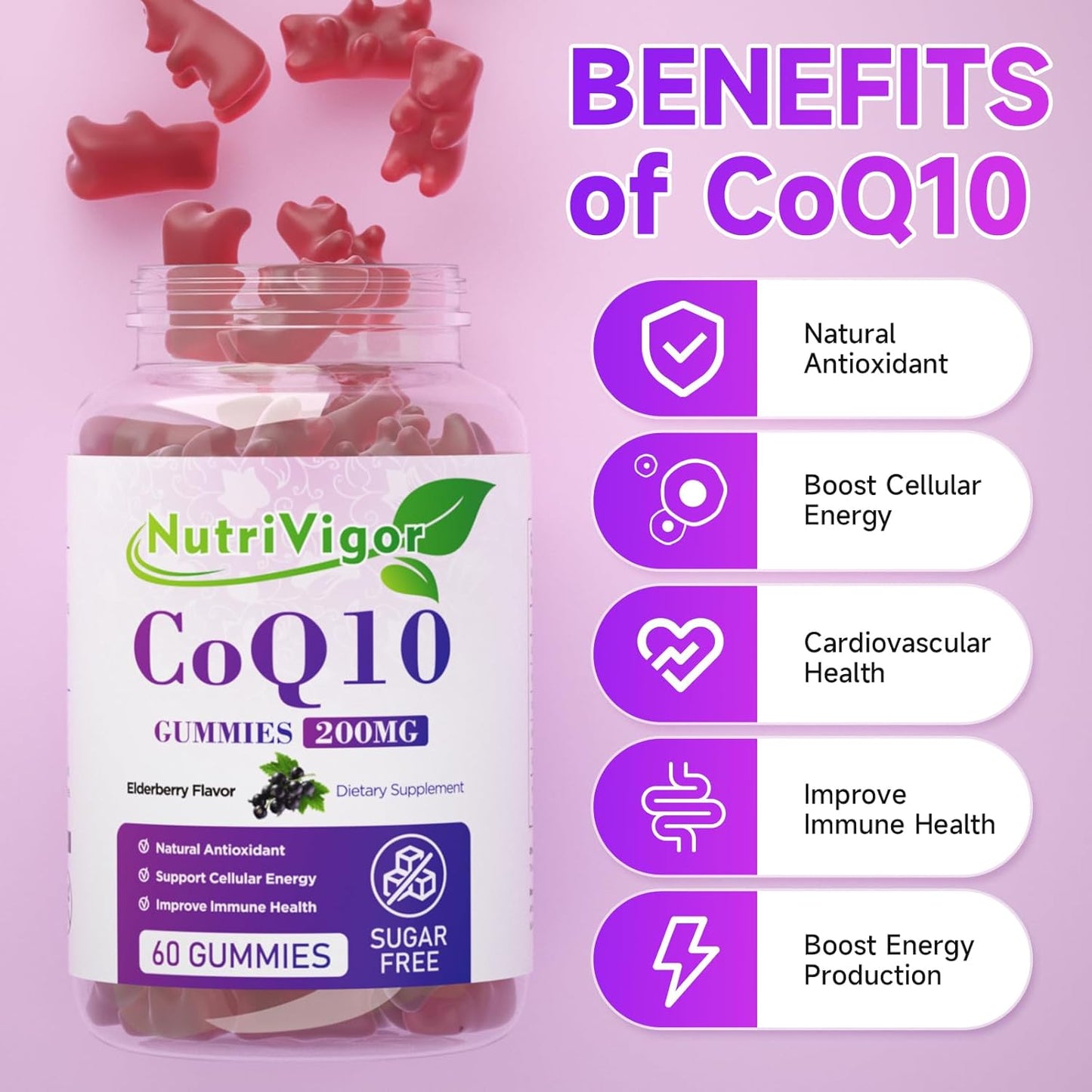 High Absorption NutriVigor CoQ10 Gummies - 200mg Supplement for Cellular Energy & Immune Health - Vegan & Gluten Free - Elderberry Flavor - 60 Count
