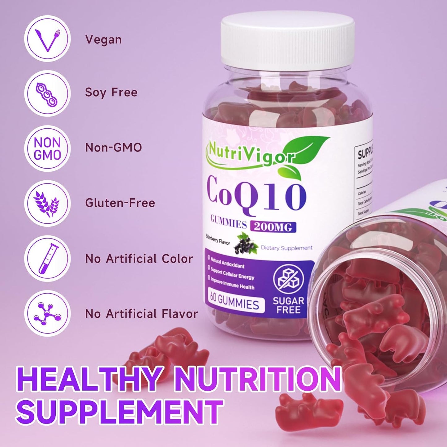 High Absorption NutriVigor CoQ10 Gummies - 200mg Supplement for Cellular Energy & Immune Health - Vegan & Gluten Free - Elderberry Flavor - 60 Count