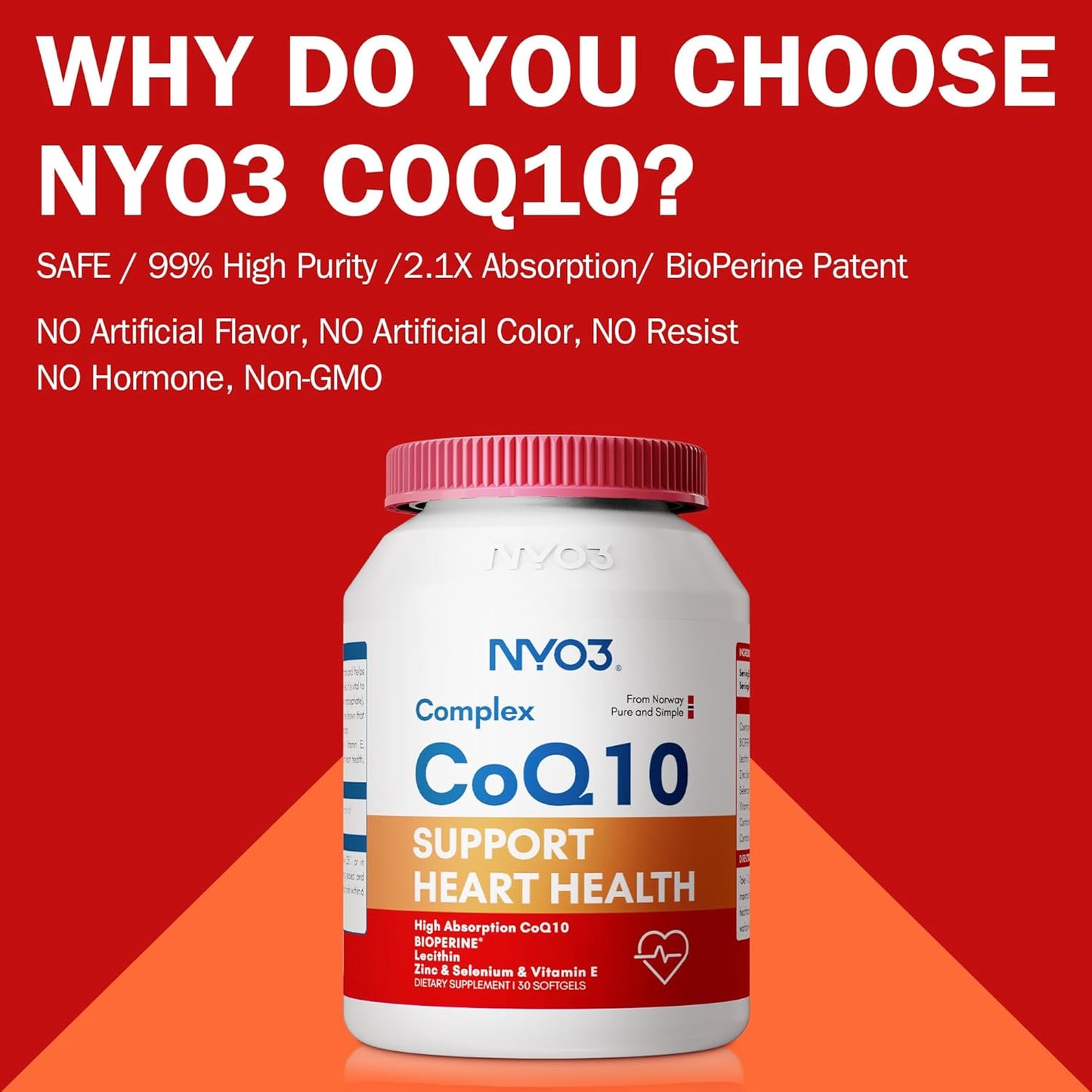 High Absorption NYO3 CoQ10 120mg with BioPerine and Vitamin E - Antioxidant Support for Heart Health - Gluten Free - 30 Days Supply