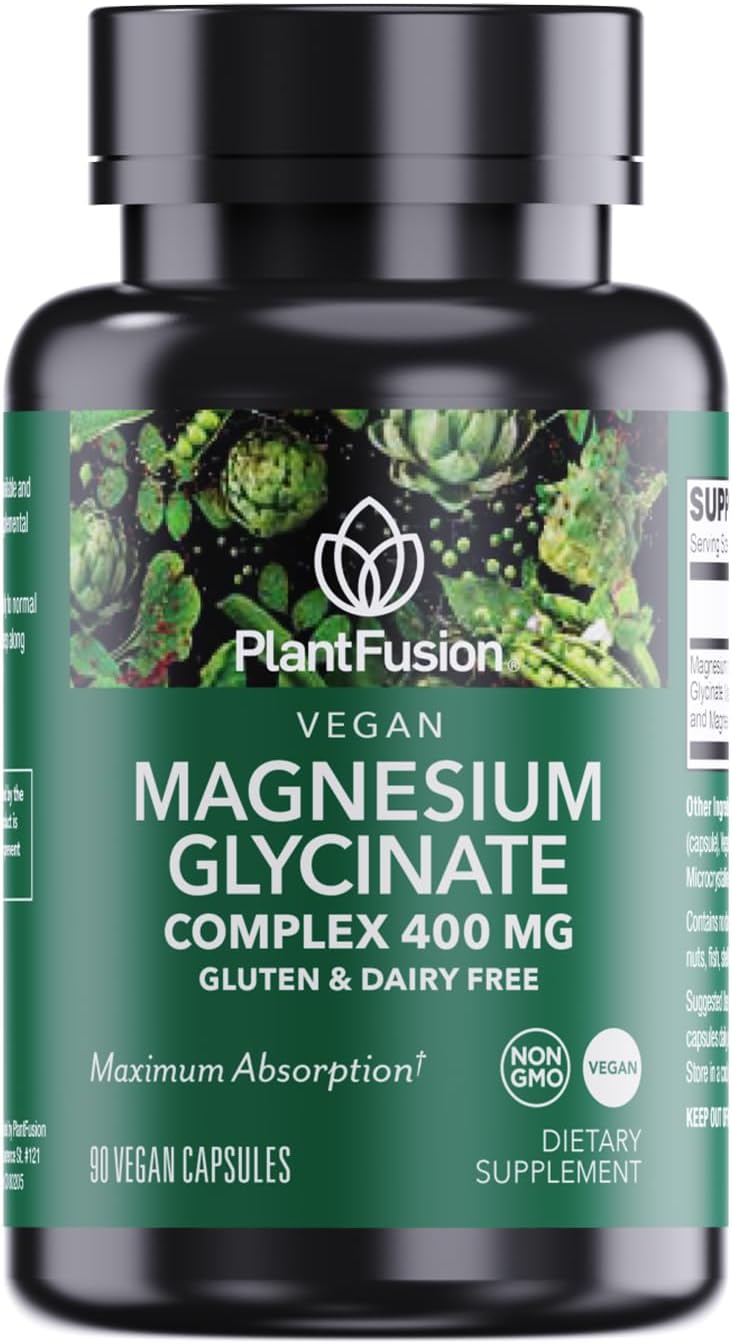 High Absorption PlantFusion Vegan Magnesium Glycinate Complex 400 mg - Supports Muscle Relaxation, Sleep, Cardio Health, Stress Relief, and Energy Production - Chelated for Maximum Bioavailability - Non GMO