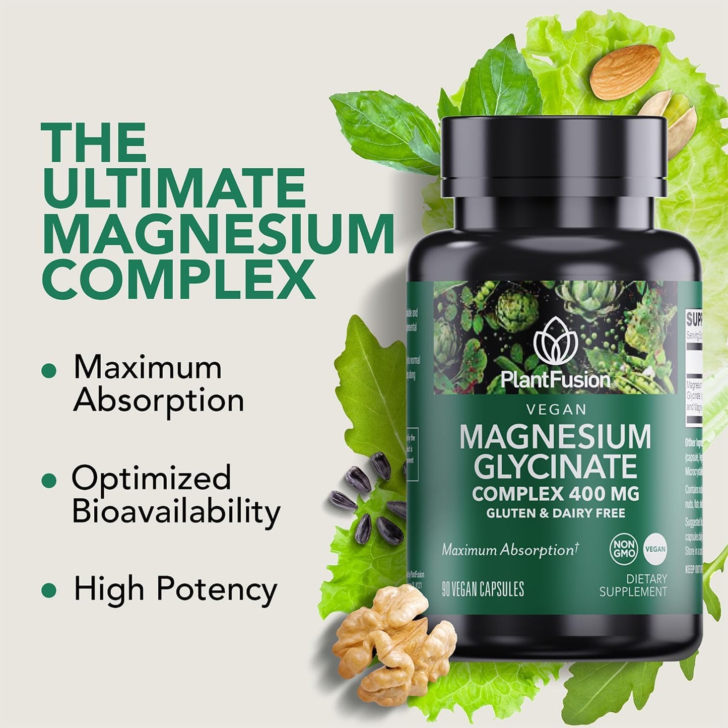 High Absorption PlantFusion Vegan Magnesium Glycinate Complex 400 mg - Supports Muscle Relaxation, Sleep, Cardio Health, Stress Relief, and Energy Production - Chelated for Maximum Bioavailability - Non GMO