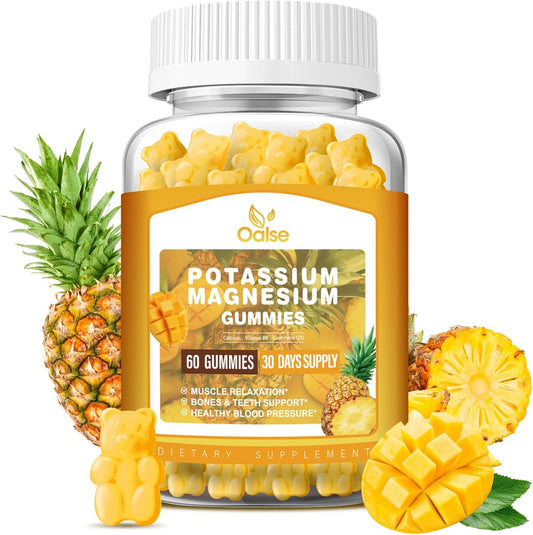 High Absorption Potassium Magnesium Gummies - 99mg Potassium Citrate, 400mg Magnesium Citrate - Chewable Mango Pineapple Gummy Supplements for Adults & Kids - 60 Count