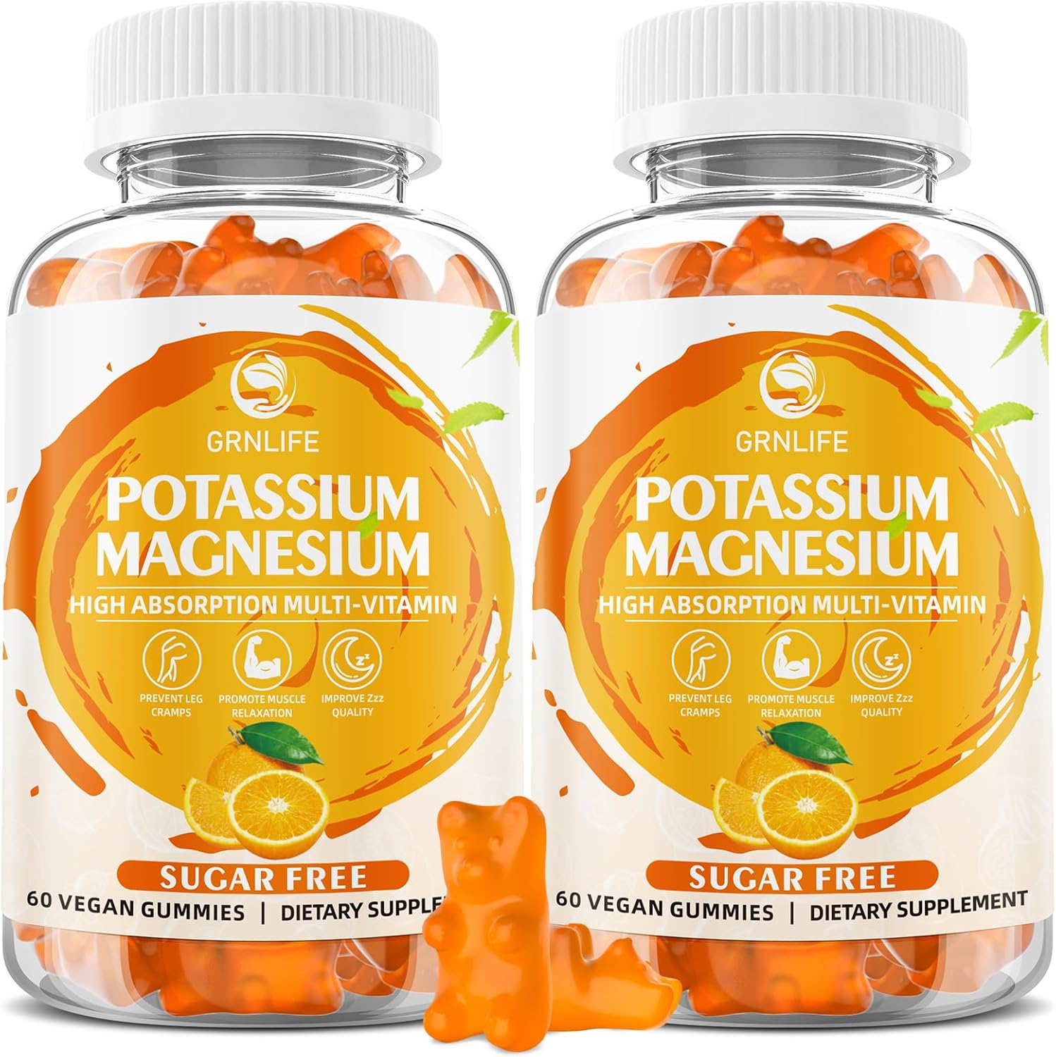 High Absorption Potassium Magnesium Gummies for Adults - 120 Count, Sugar-Free & Vegan Orange Flavor Supplement for Leg Cramps & Immune Health by GrnLife