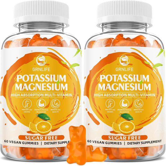 High Absorption Potassium Magnesium Gummies for Adults - 120 Count, Sugar-Free & Vegan Orange Flavor Supplement for Leg Cramps & Immune Health by GrnLife