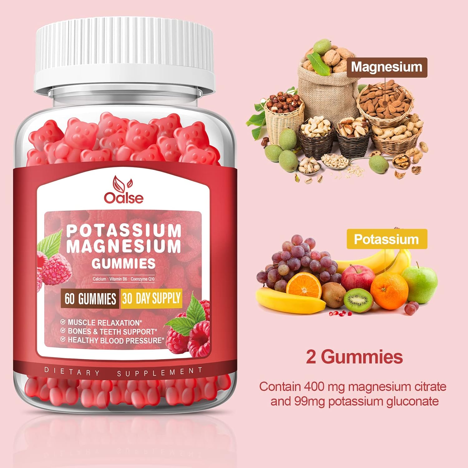 High Absorption Potassium Magnesium Gummies, Raspberry Flavor, 120 Count, Chewable Supplements for Adults and Kids