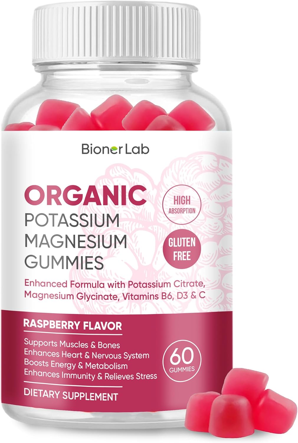 High Absorption Potassium Magnesium Gummies with Vitamin D3 B6 C - 99mg Potassium, 250mg Magnesium Glycinate - Chewable Supplements for Adults & Kids