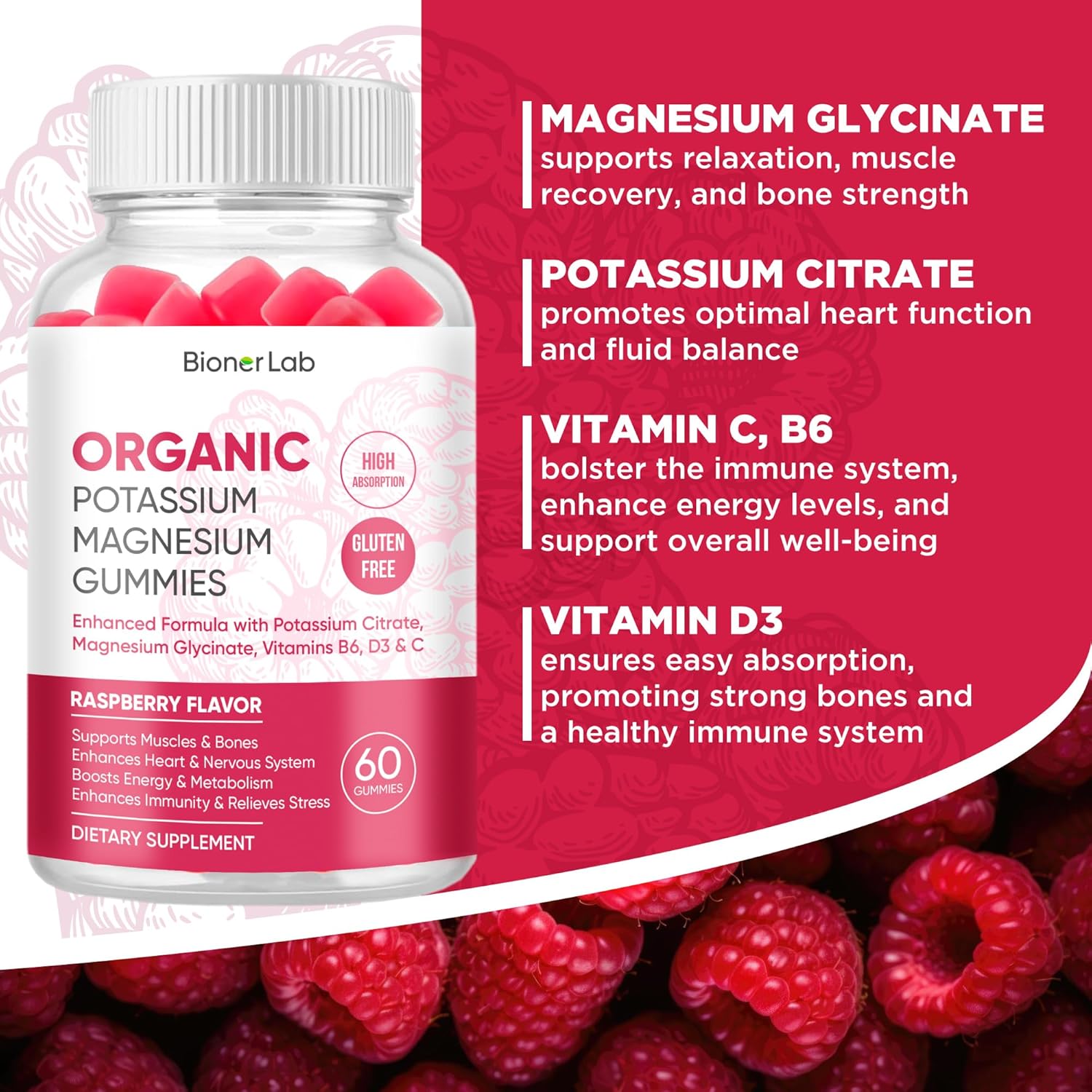 High Absorption Potassium Magnesium Gummies with Vitamin D3 B6 C - 99mg Potassium, 250mg Magnesium Glycinate - Chewable Supplements for Adults & Kids