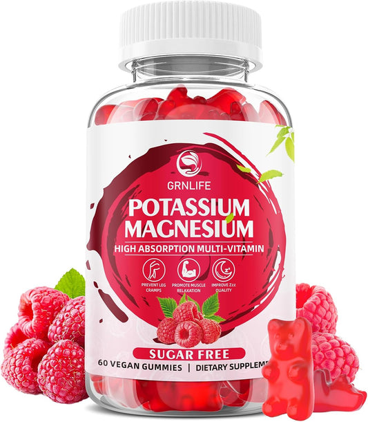 High Absorption Potassium Magnesium Gummy Supplement for Immune & Muscle Health - 60 Count, Raspberry Flavors, Sugar-Free - Adults & Kids