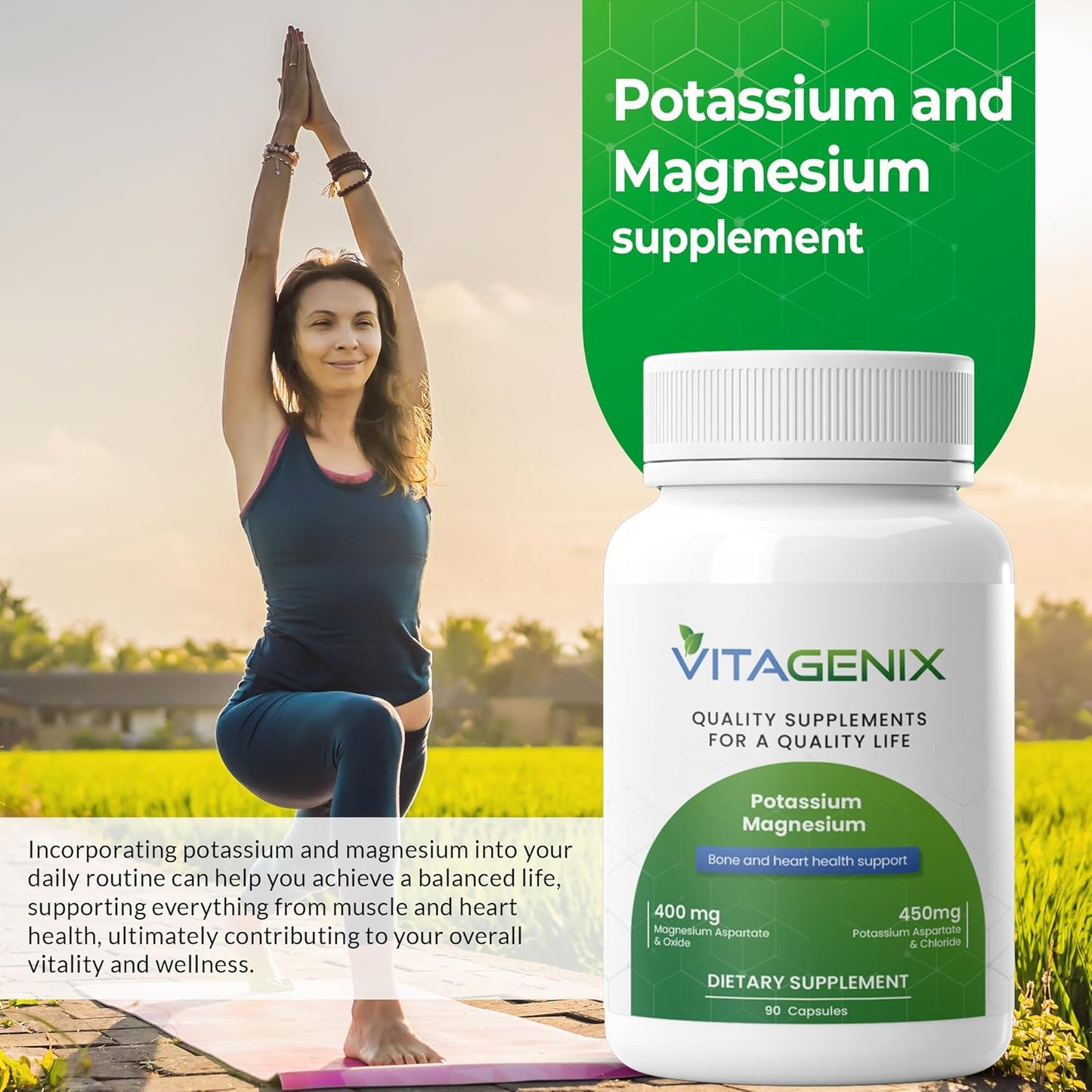 High Absorption Potassium Magnesium Supplement Capsules for Muscle, Bone, and Heart Health - VITAGENIX - Non GMO - 1 Pack