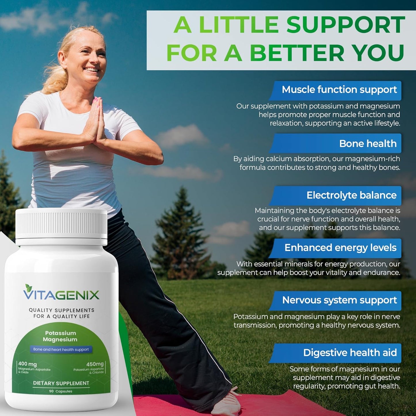 High Absorption Potassium Magnesium Supplement Capsules for Muscle, Bone, and Heart Health - VITAGENIX - Non GMO - 1 Pack