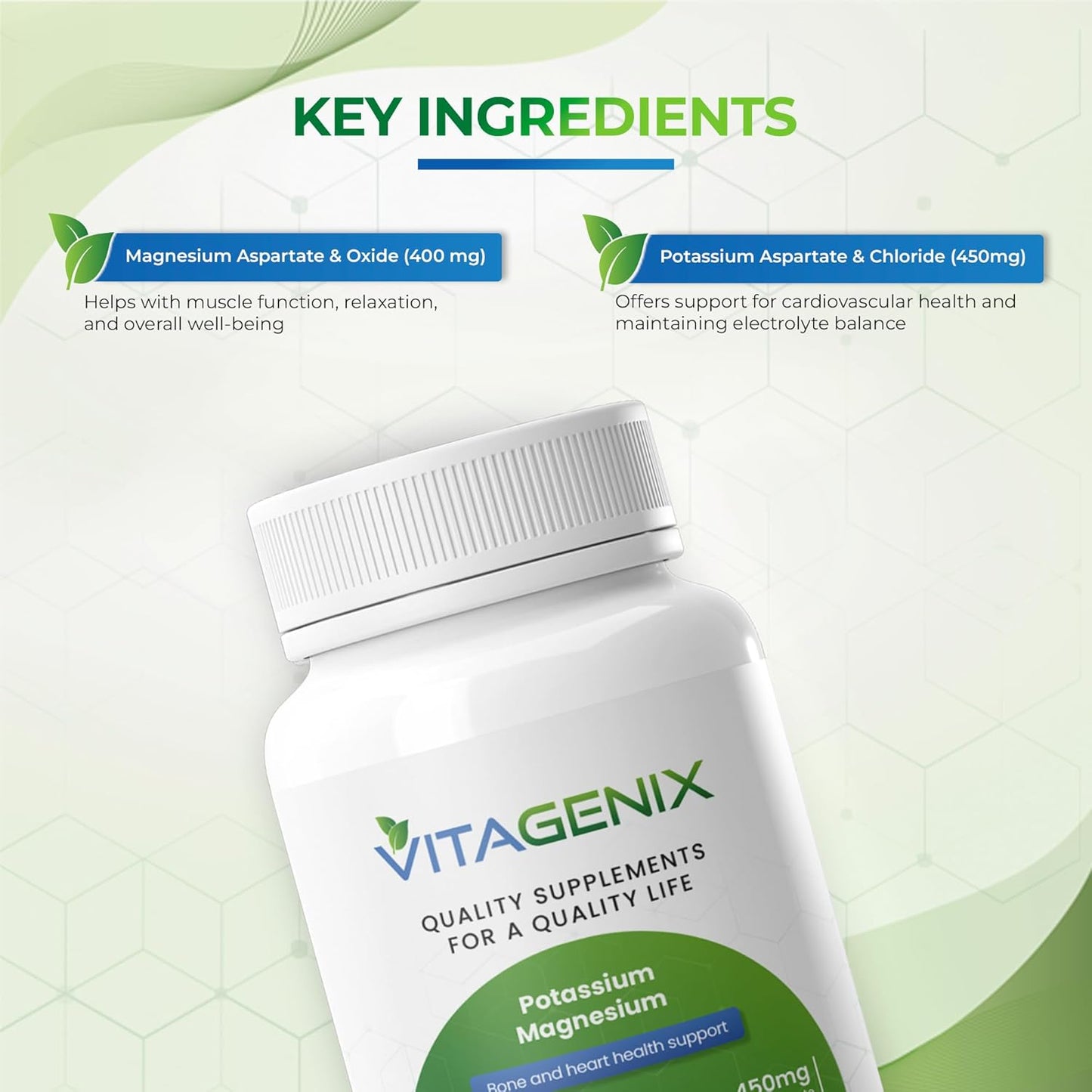 High Absorption Potassium Magnesium Supplement Capsules for Muscle, Bone, and Heart Health - VITAGENIX - Non GMO - 1 Pack