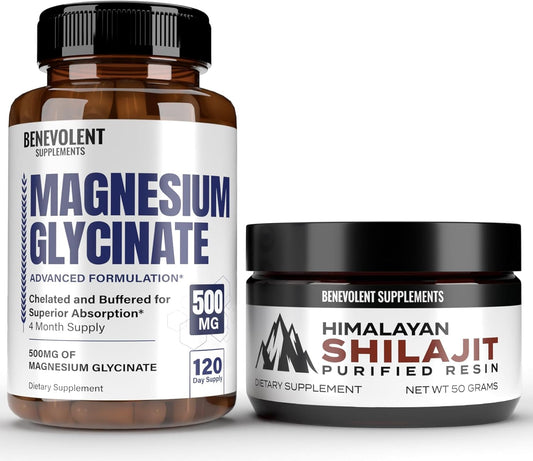 High Absorption Premium Magnesium Glycinate and Himalayan Shilajit Resin Capsules - 8 Months Supply with Chelated Buffered Glycinate Formula for Energy and Immune Support