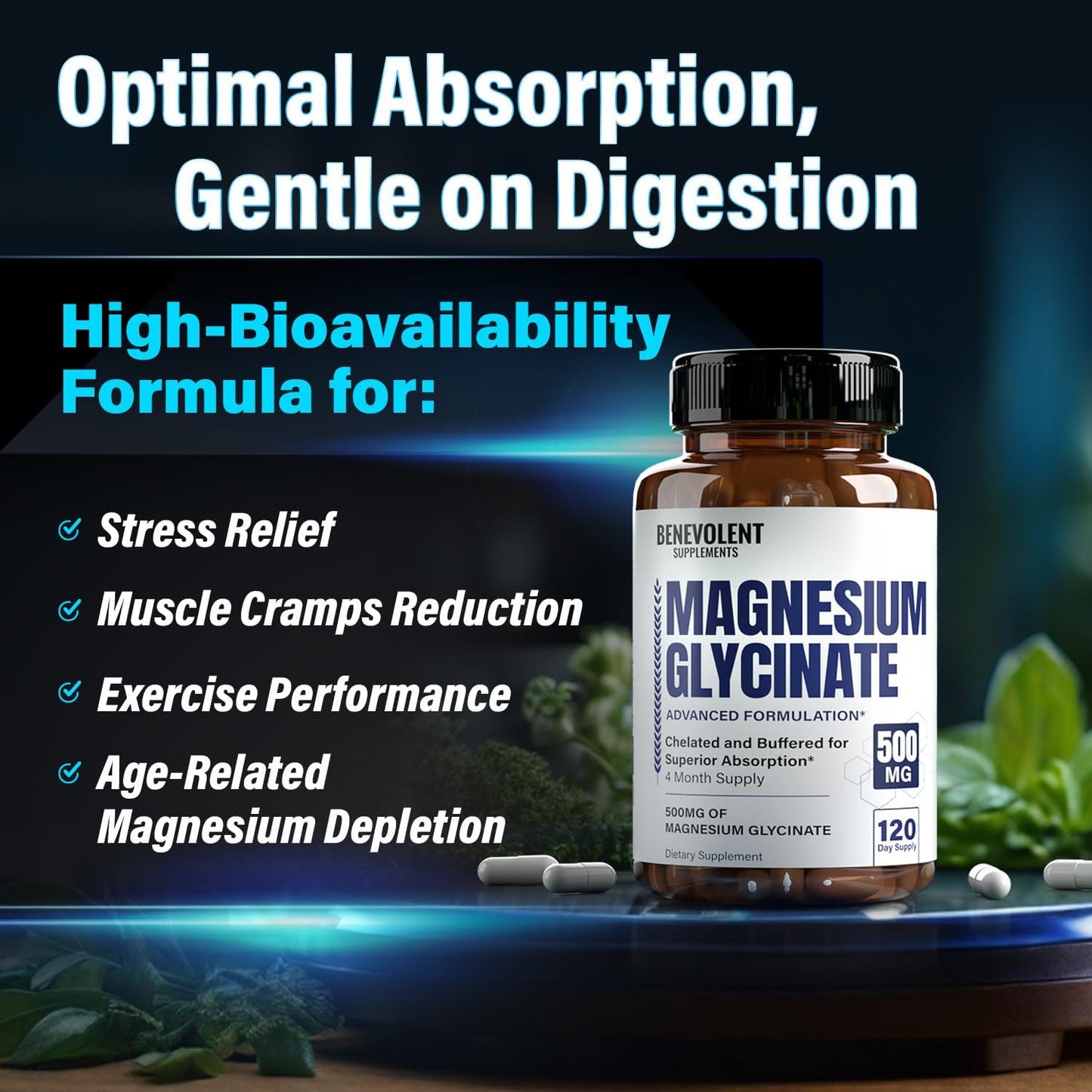 High Absorption Premium Magnesium Glycinate Capsules - 500mg Buffered Chelated Formula for Digestion, Bone, Sleep & Muscle Health - 120 Capsules - Made in USA