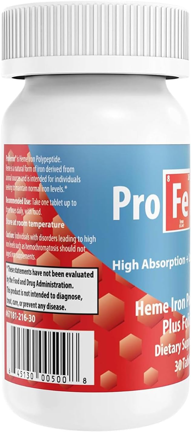 High Absorption Proferrin Forte Heme Iron Polypeptide Tablets - 30 Count with Folic Acid for Red Blood Cell Production - BoostGo Australia