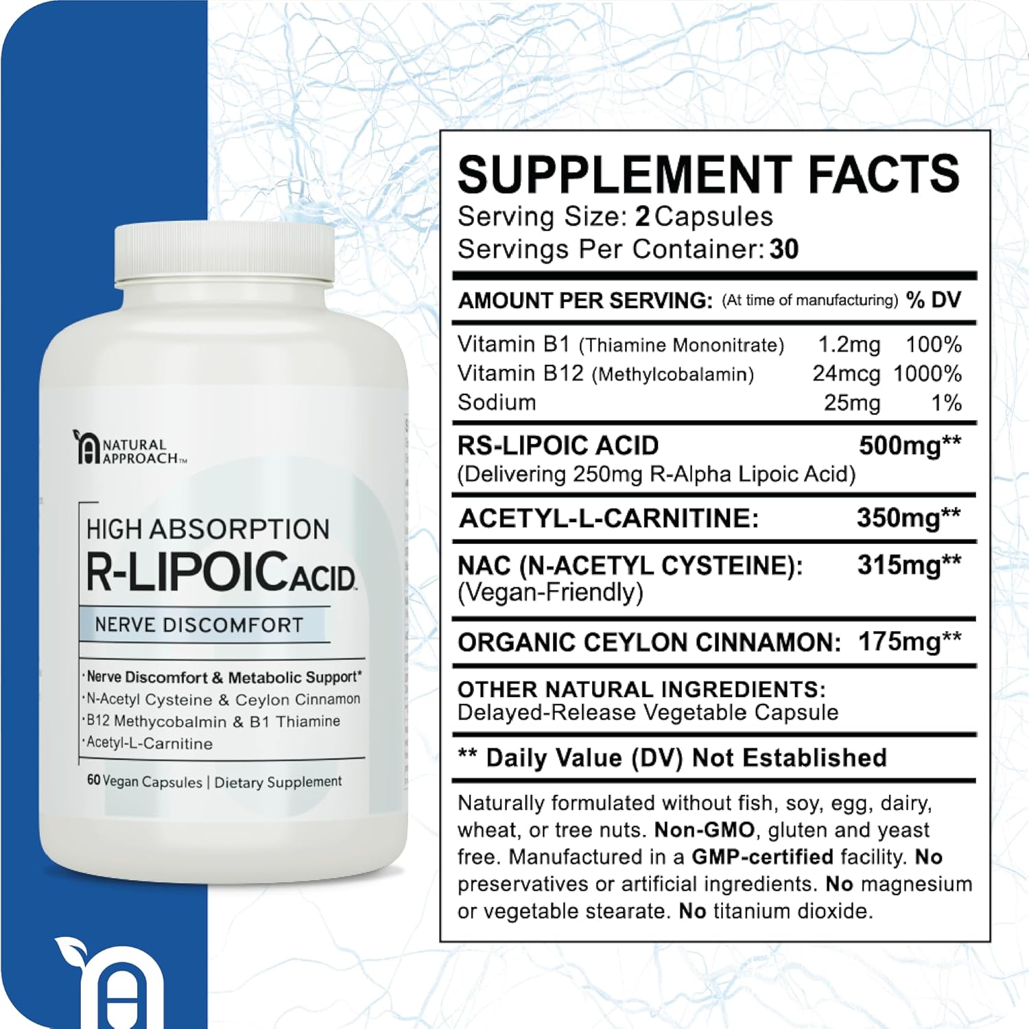 High Absorption R-Lipoic Acid Capsules for Nerve Health & Healthy Aging - Vegan 60ct - Supports Cardiovascular Health & Wellbeing
