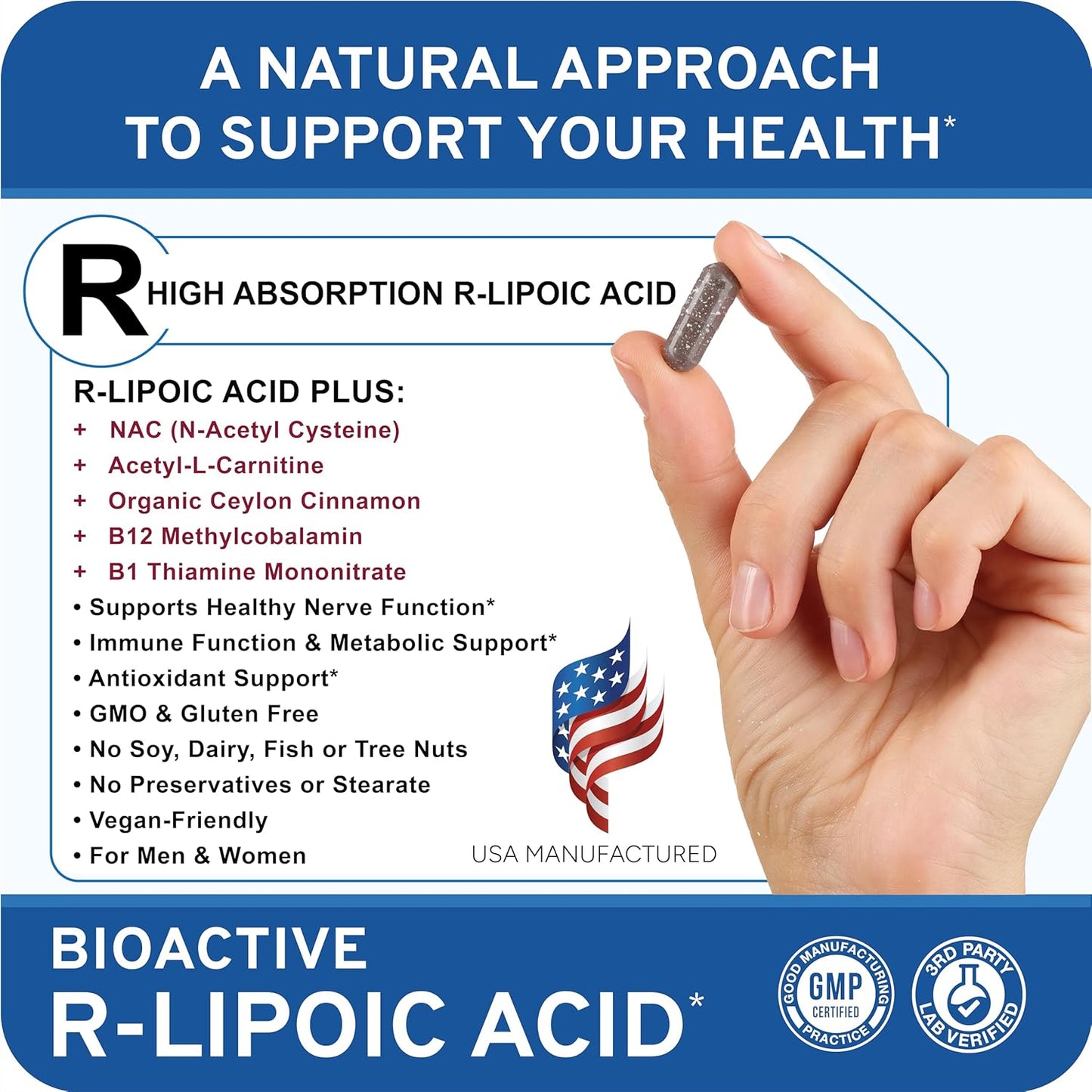 High Absorption R-Lipoic Acid Capsules for Nerve Health & Healthy Aging - Vegan 60ct - Supports Cardiovascular Health & Wellbeing